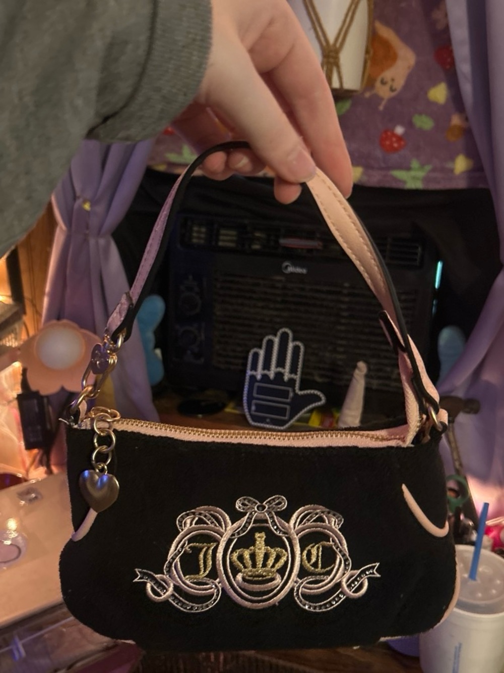JUICY COUTURE LOUVRES Black and Pink Embroidered Velvet Shoulder Bag
